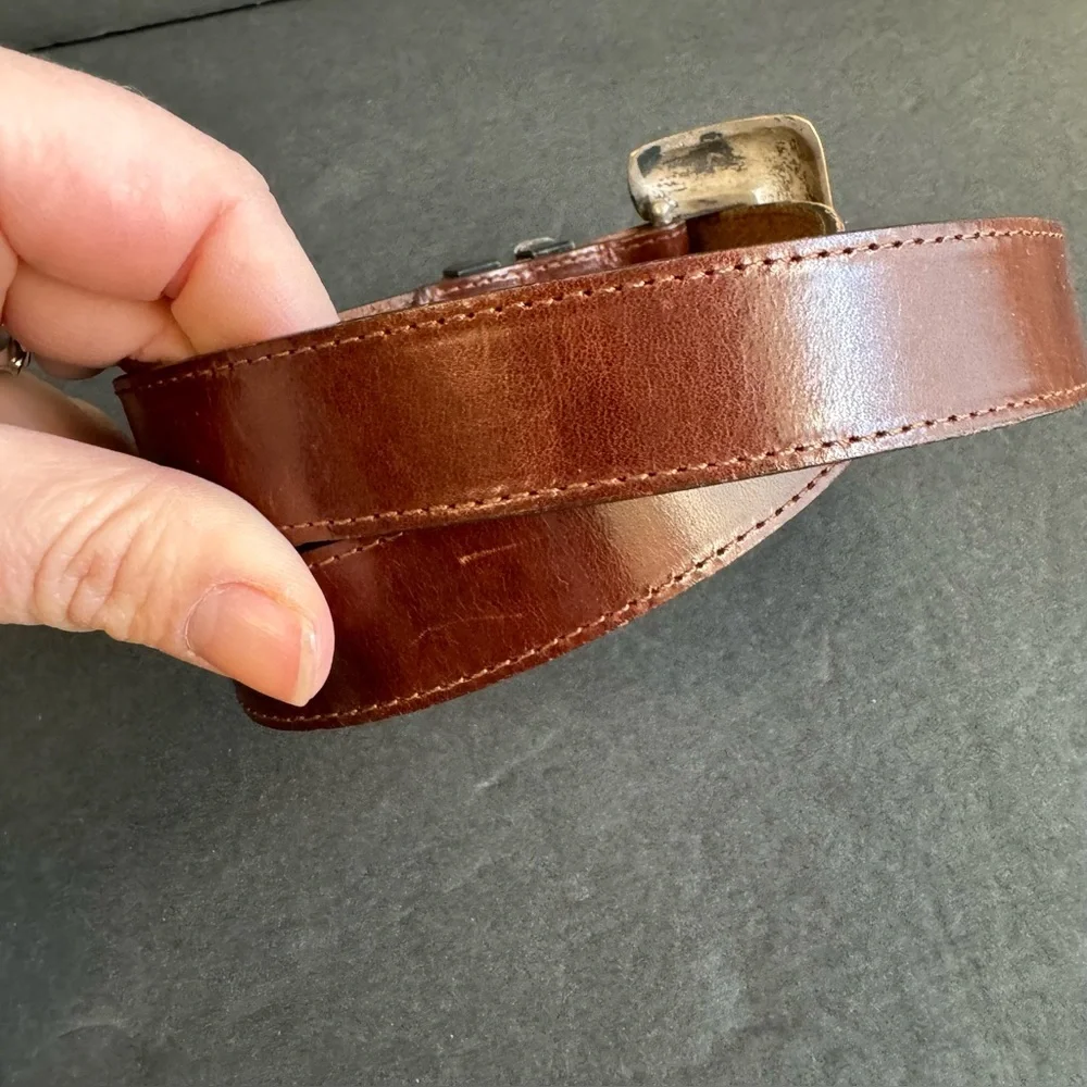 Y2K Brown Leather Belt‎ Eddie Bauer Tarnished Silver Tone Buckle Womens Medium